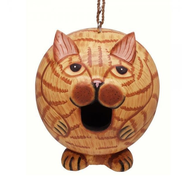 Round cat-shaped birdhouse with open mouth and striped pattern.