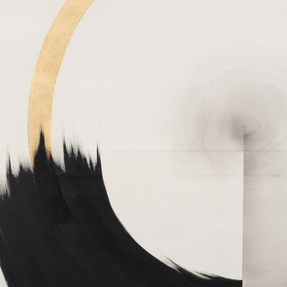 Abstract art: curved black brushstroke with gold accent on a pale background.