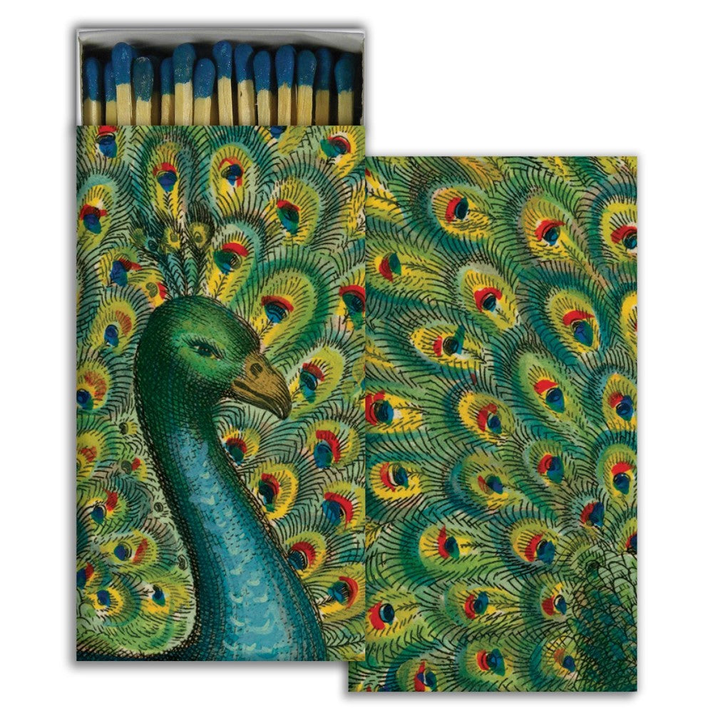 Peacock-themed matchbox with matches inside.