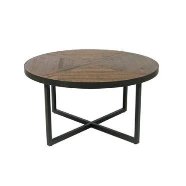 Round wooden coffee table with a metal X-shaped base.