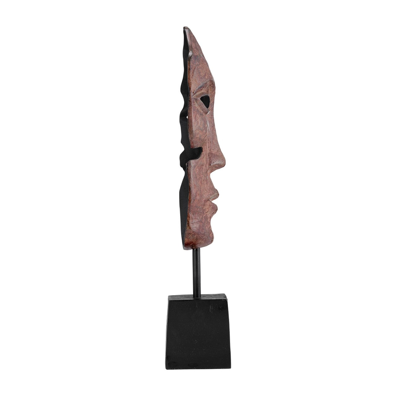 Side view of a sculpted face on a black stand.
