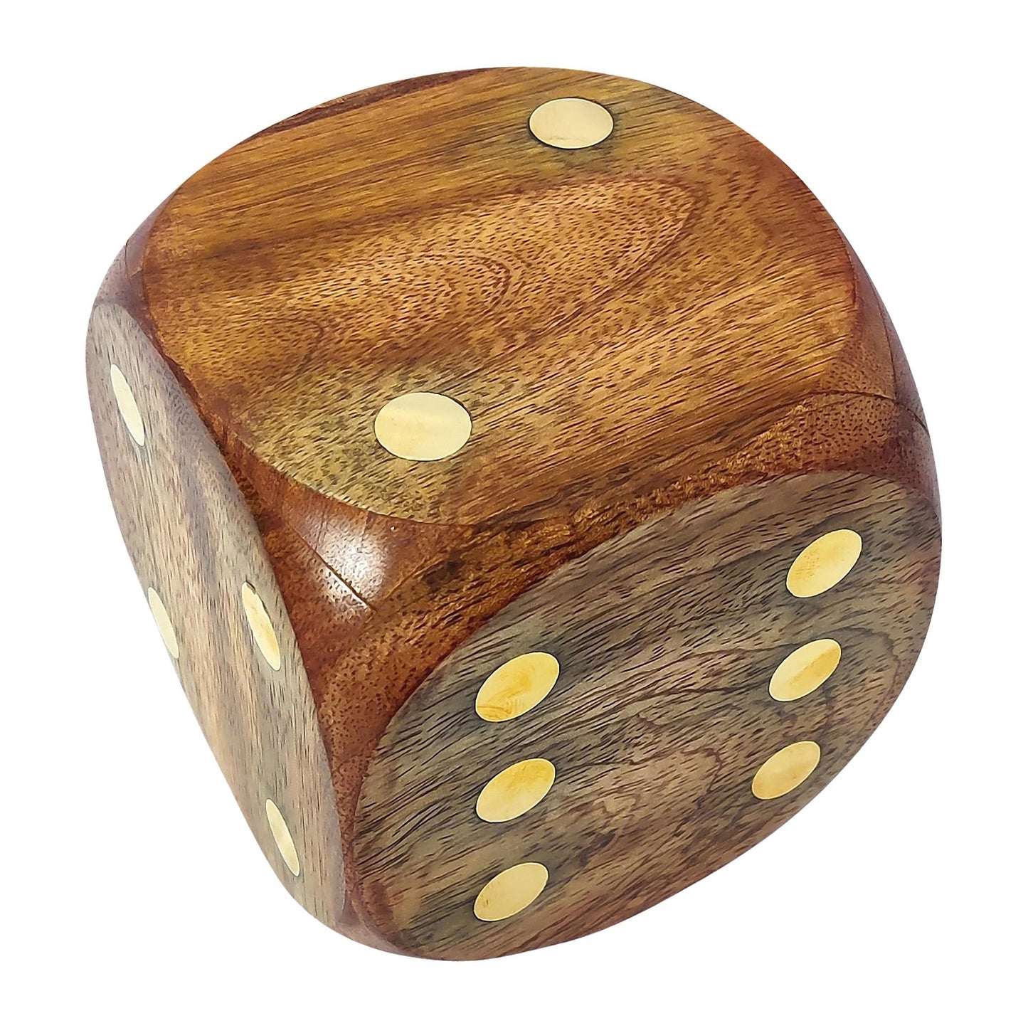 Wooden dice with rounded edges and inlaid dots.
