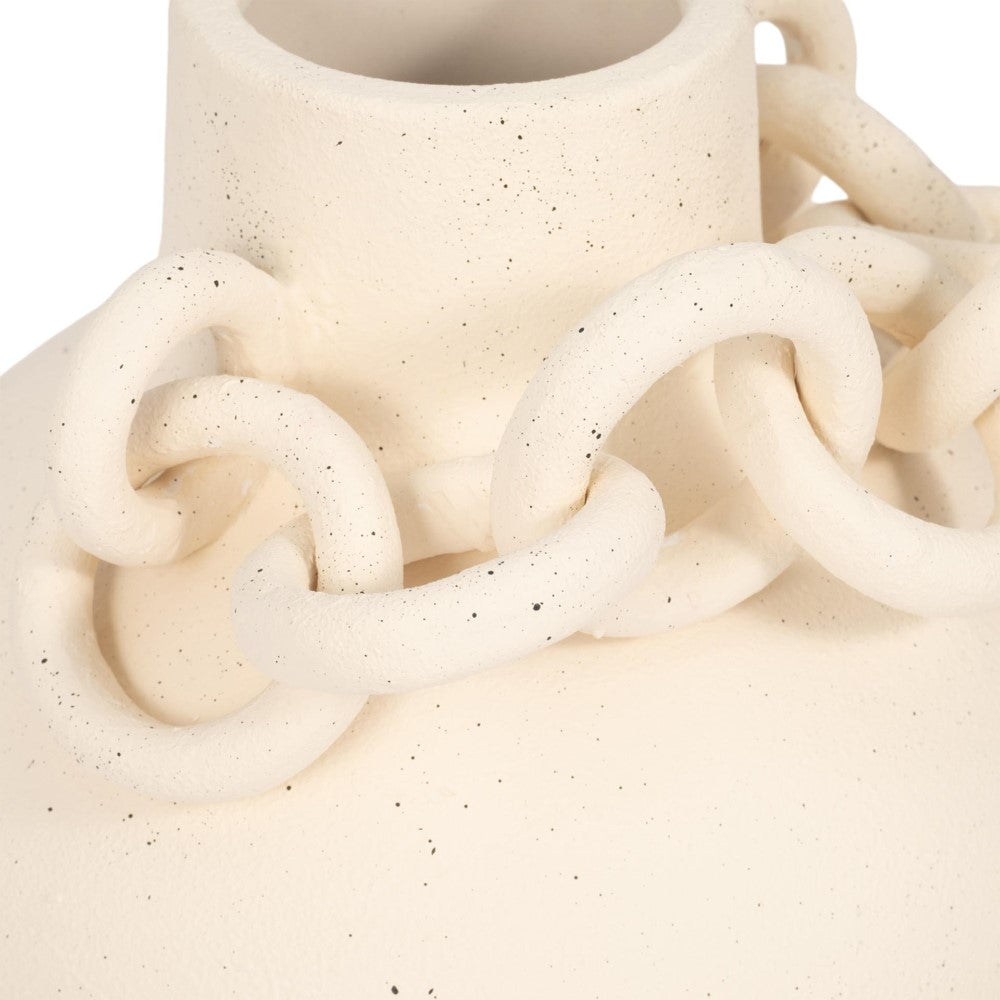 Speckled white ceramic vase with chain-like handles.