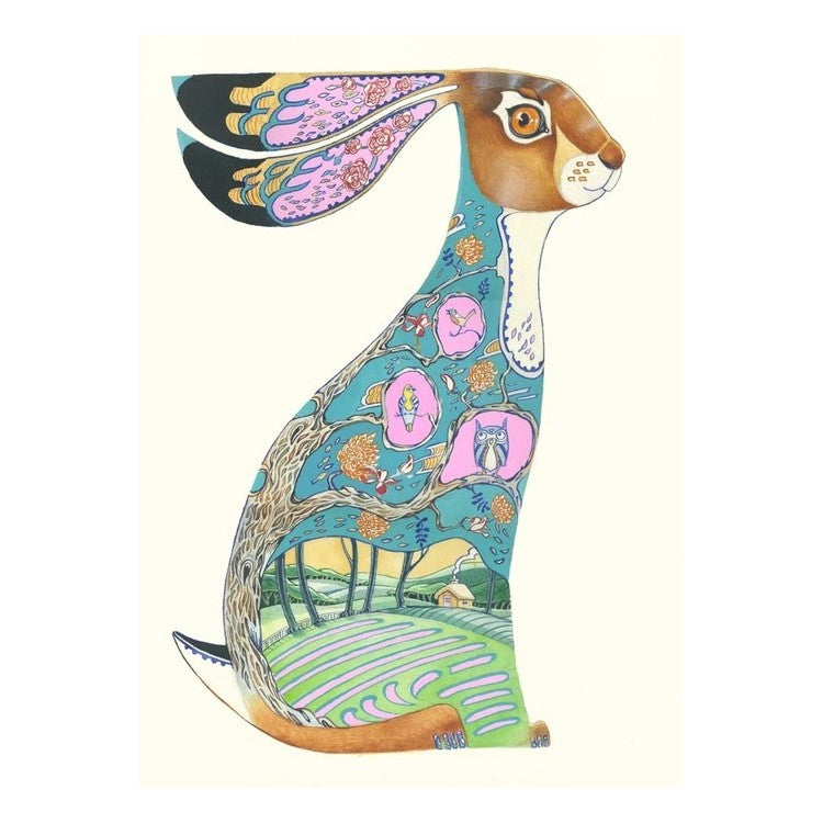 Colorful hare illustration with intricate patterns and wildlife scenes.