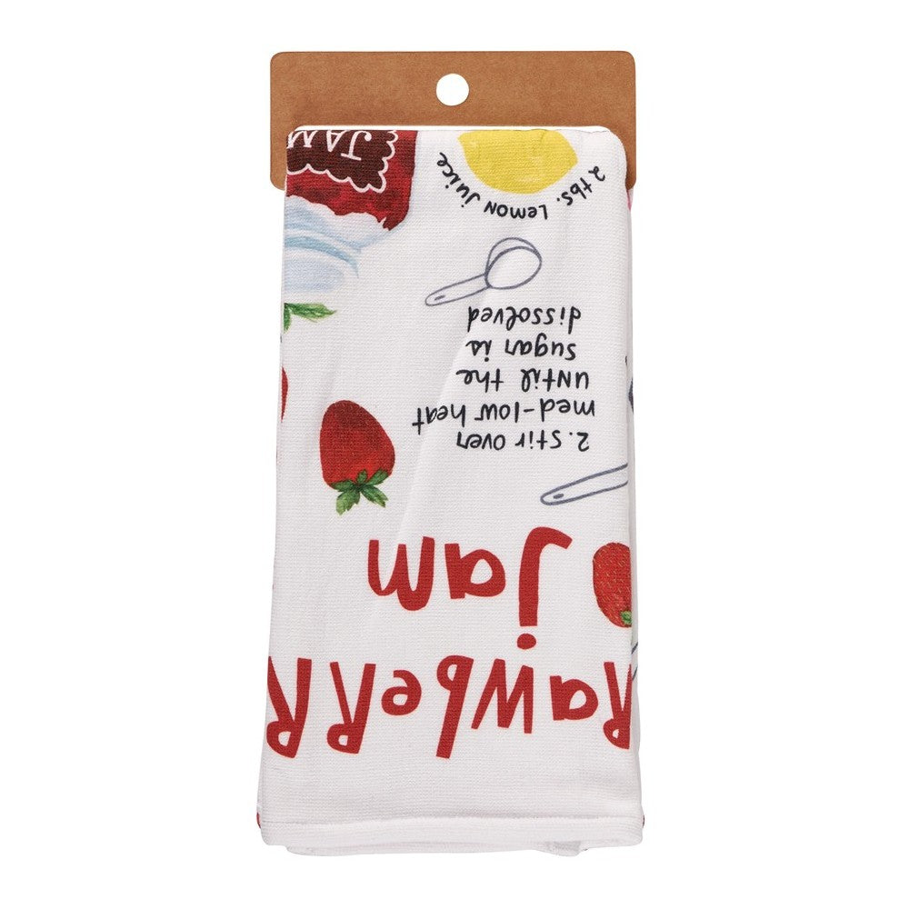 Tea towel with strawberry jam recipe and illustrations.
