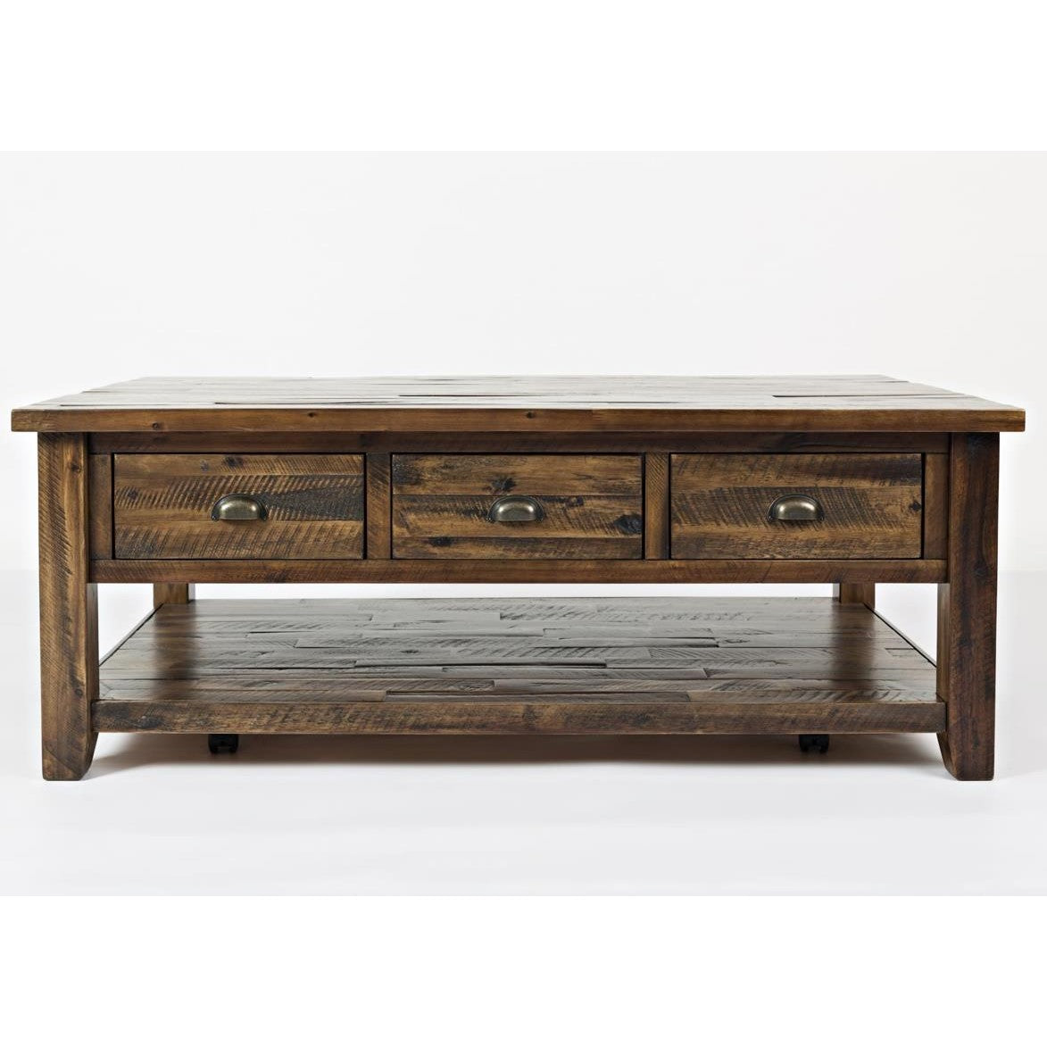 Rustic wooden coffee table with drawers and shelf.