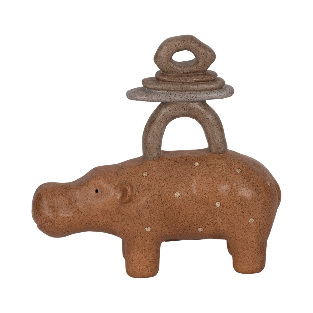 Clay hippo figurine with earthy tones and whimsical stacked shapes on its back.