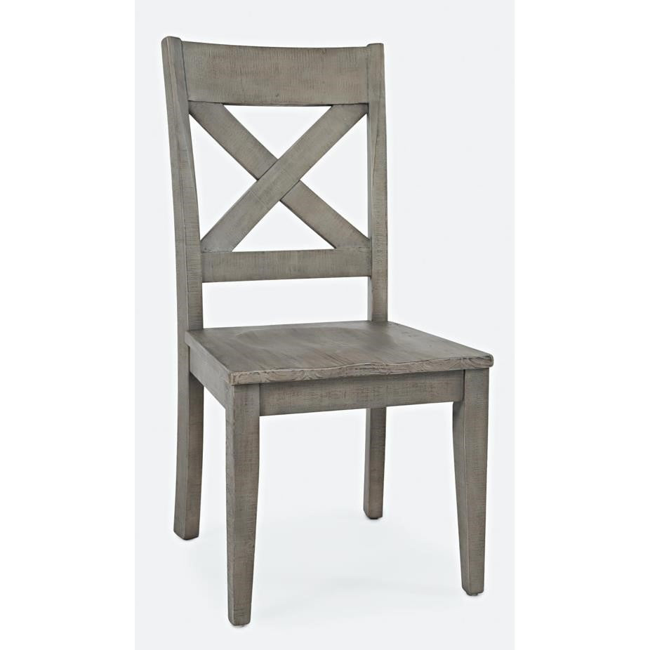Wooden chair with X-back design and a rustic finish.