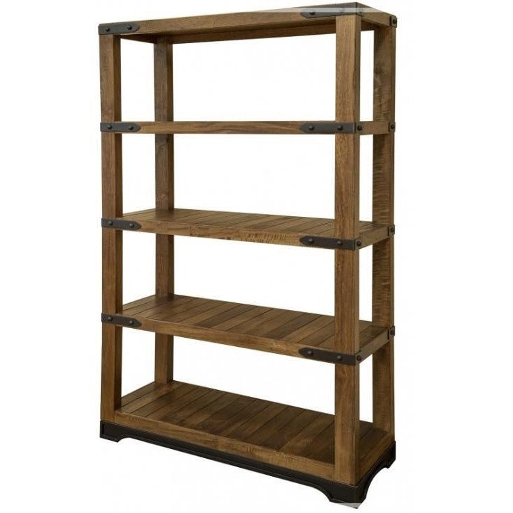 Wooden bookshelf with metal accents, 5 shelves.