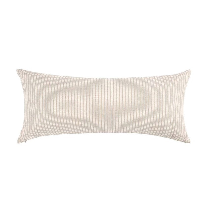 Long striped beige and white pillow against a plain background.
