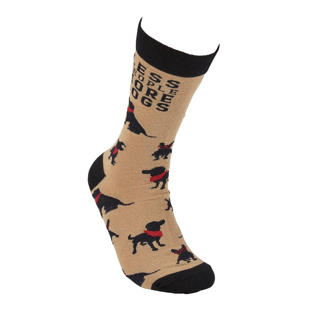 Tan sock with black dogs and "SLEEP DOGS" text pattern, black cuff and toe.