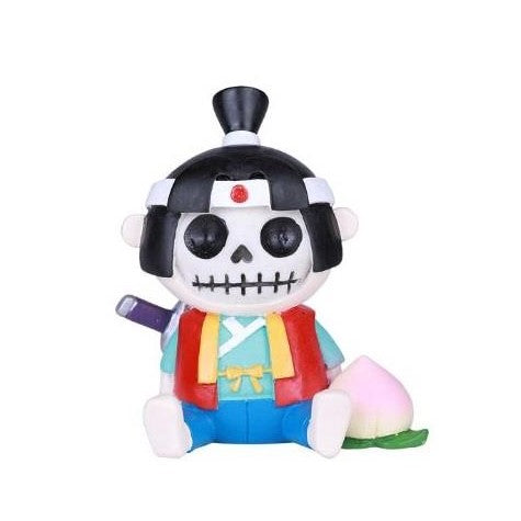 Cute skeleton samurai doll with a sword and a pink peach.