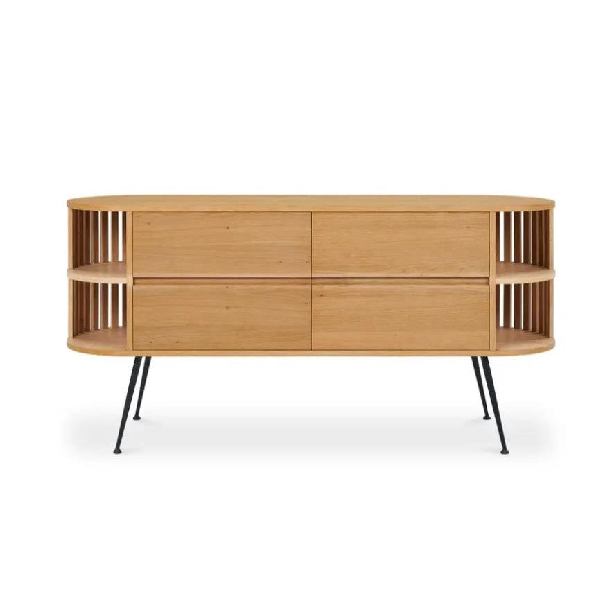 Modern wood sideboard with black metal legs and open shelves.