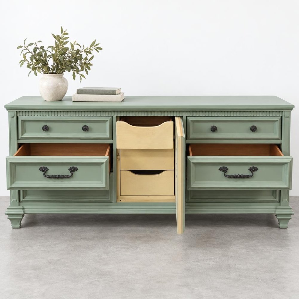 Green vintage dresser with open drawers and a vase of leaves on top.