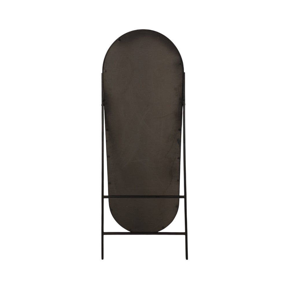 Tall, oval-shaped mirror with a black metal frame on a stand.