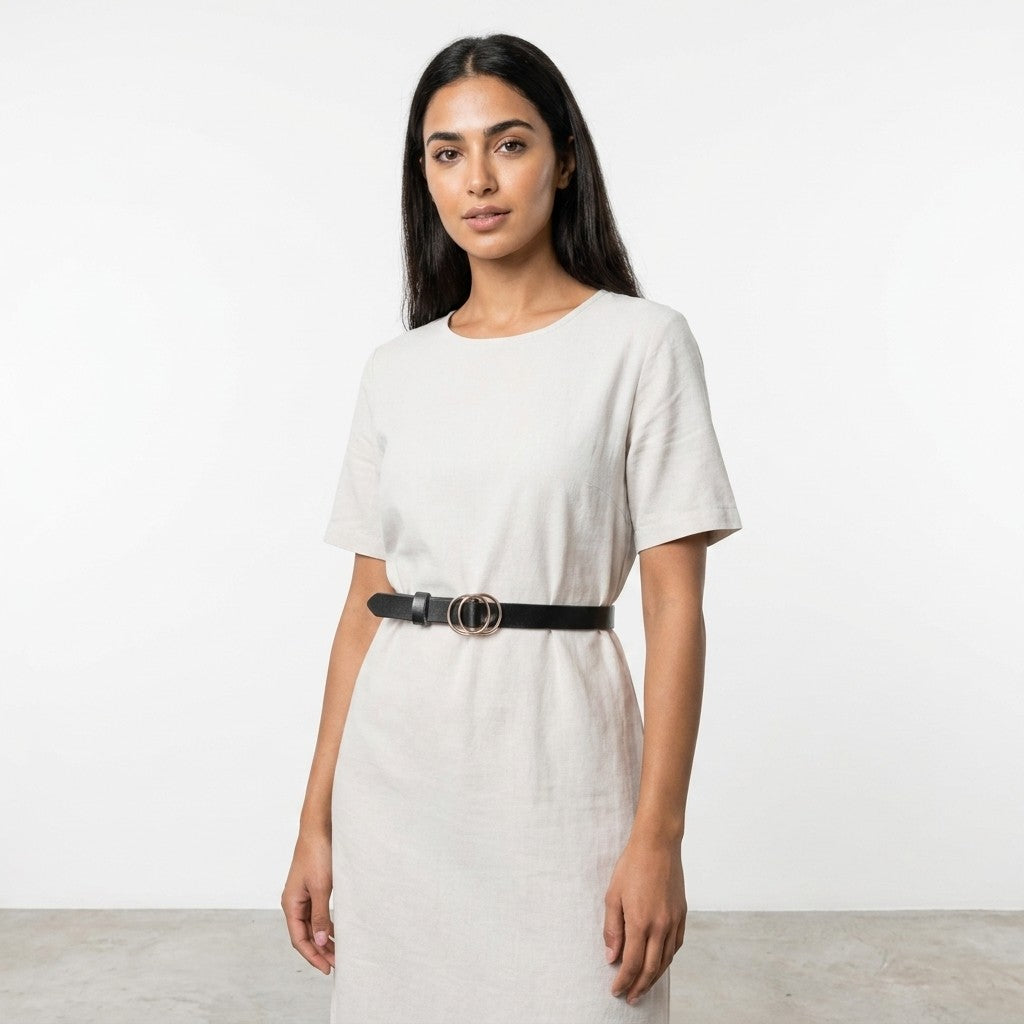 Woman in a beige dress with a black belt against a plain background.