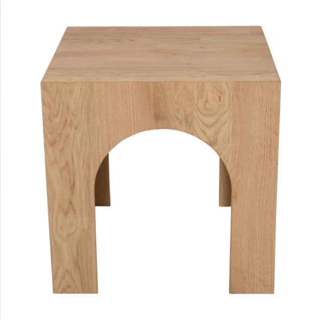 Wooden stool with an arch design and a natural finish.