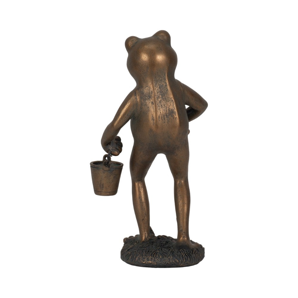 A bronze frog statue holding a small bucket, standing on a base.