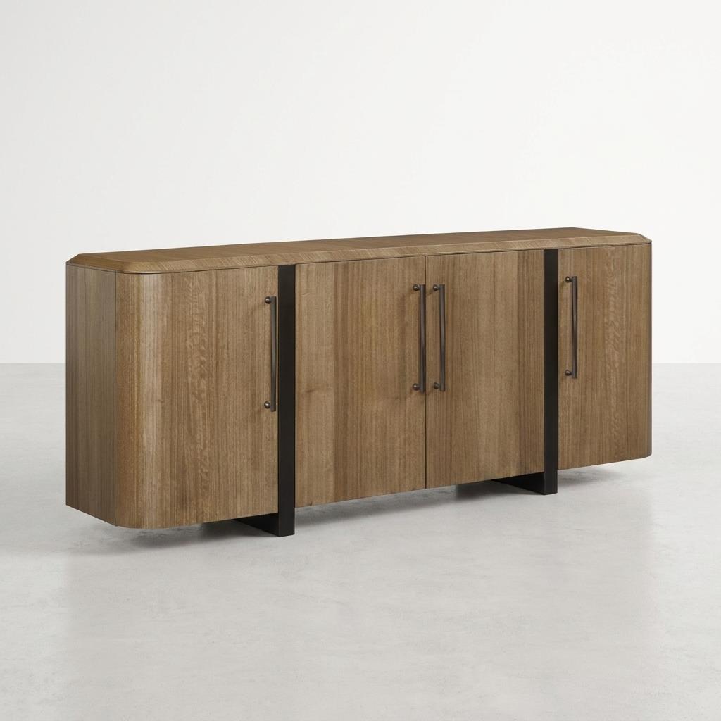 Wooden sideboard with metal handles and curved edges on a white background.