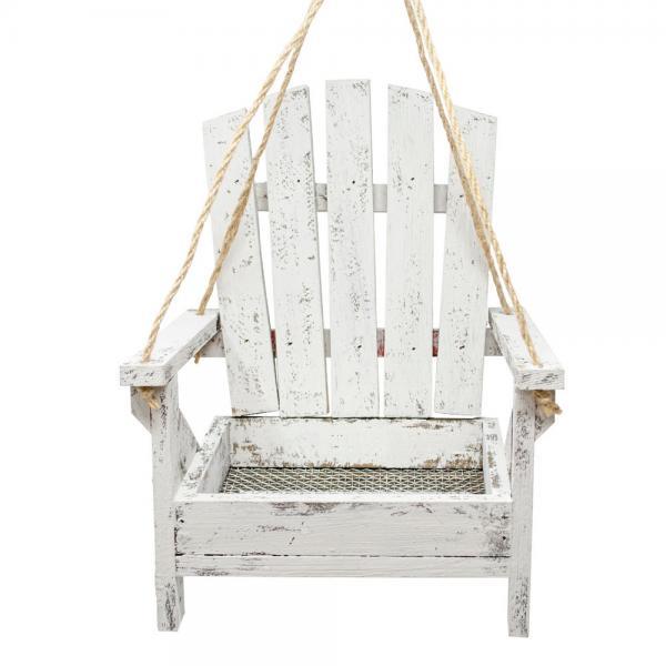 Rustic white wooden hanging planter shaped like a chair.