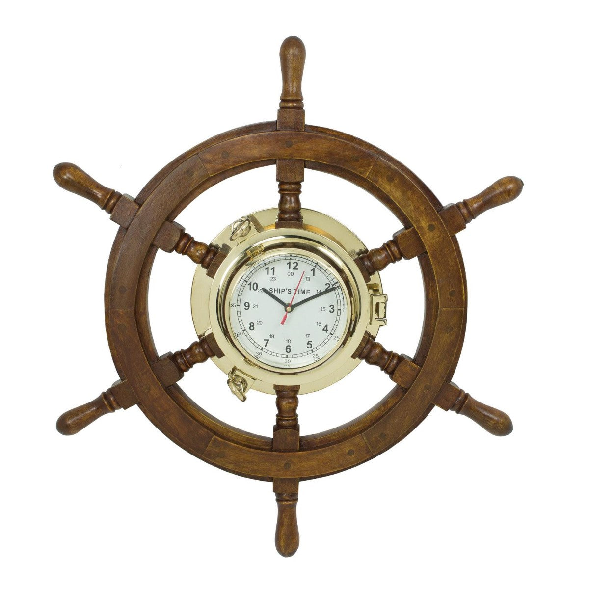 Ship wheel clock with a wooden frame and brass details.
