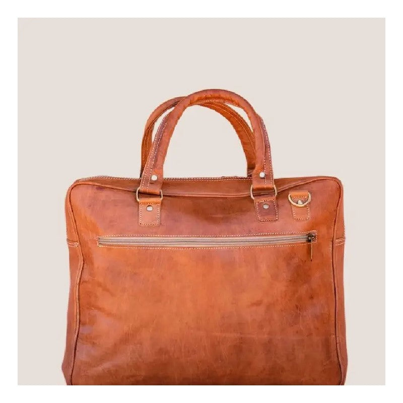 Brown leather bag with handles and front zipper pocket.