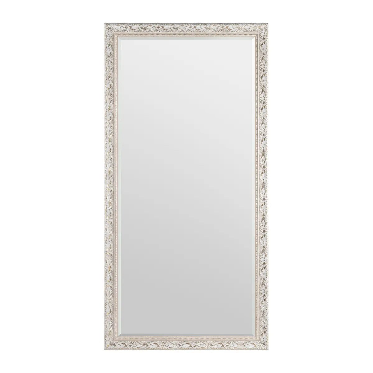 Rectangular ornate mirror with floral-patterned white frame.