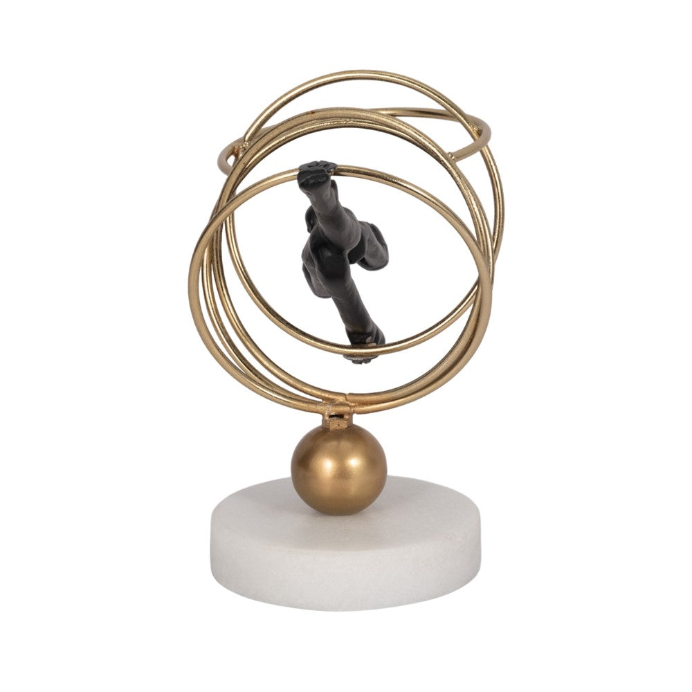 Decorative sculpture with interlocking gold rings on a marble base.