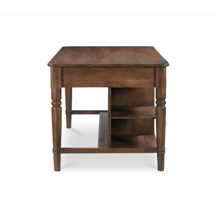Wooden desk with turned legs and side shelves.