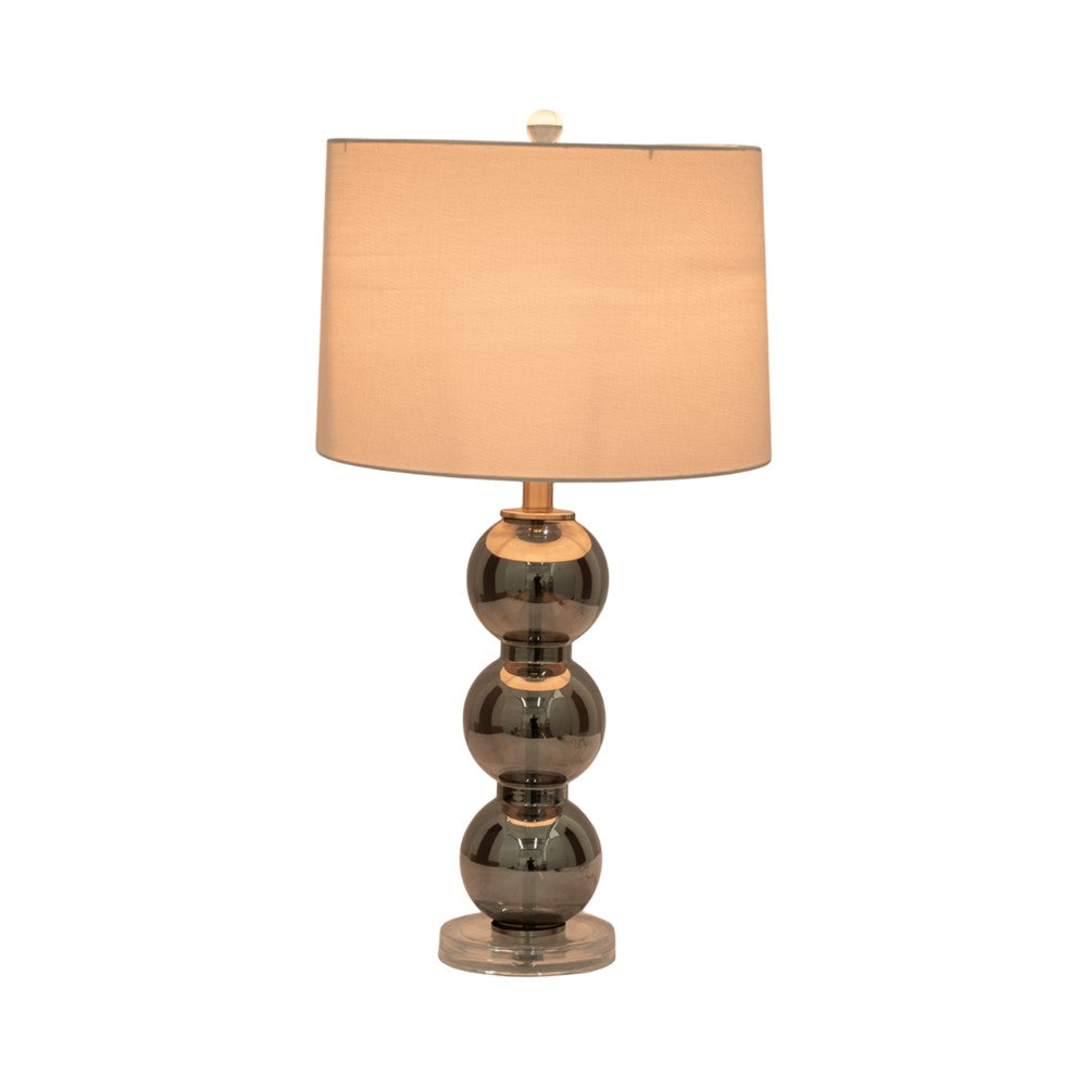 Modern lamp with a stone base and beige shade.