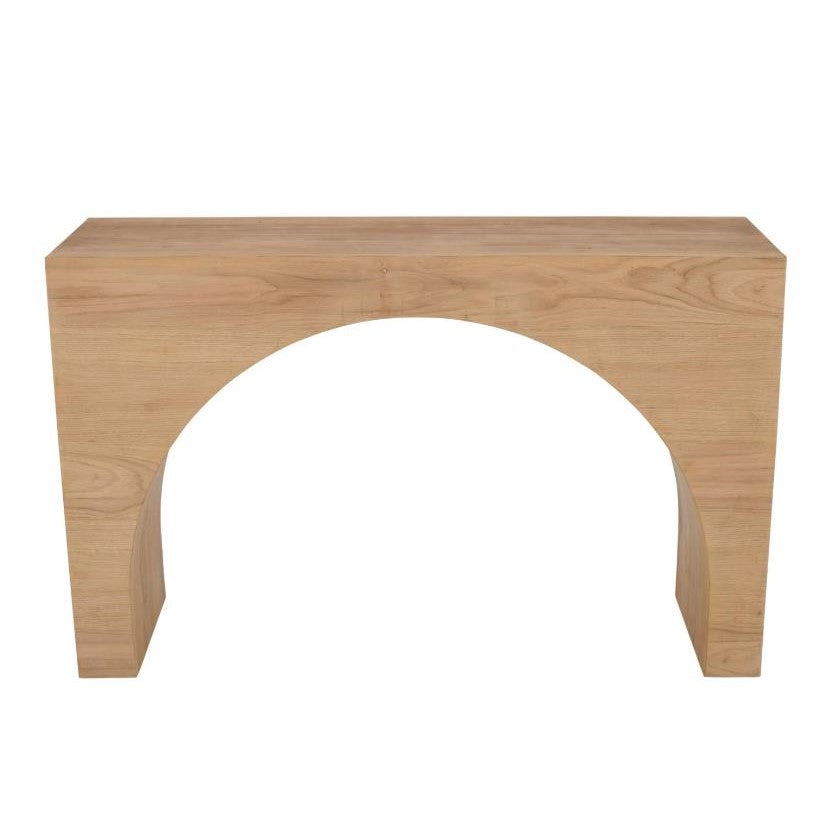 Minimalist wooden console table with arch design.