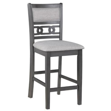 Gray bar stool with a padded seat and decorative backrest design.