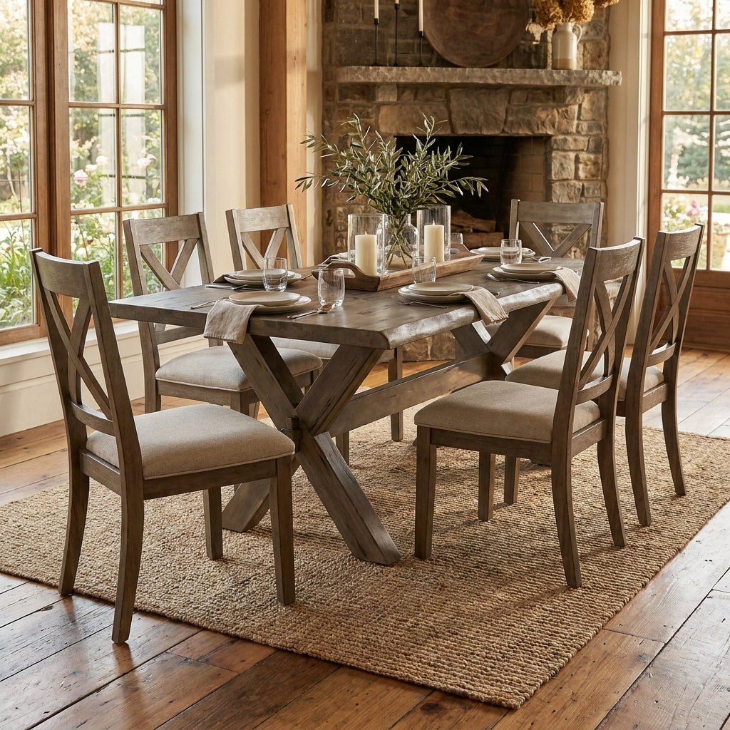 Cozy dining room with rustic table, candles, and large windows overlooking the outdoors.