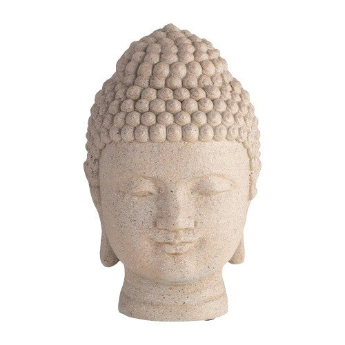 Stone Buddha head statue with serene expression.
