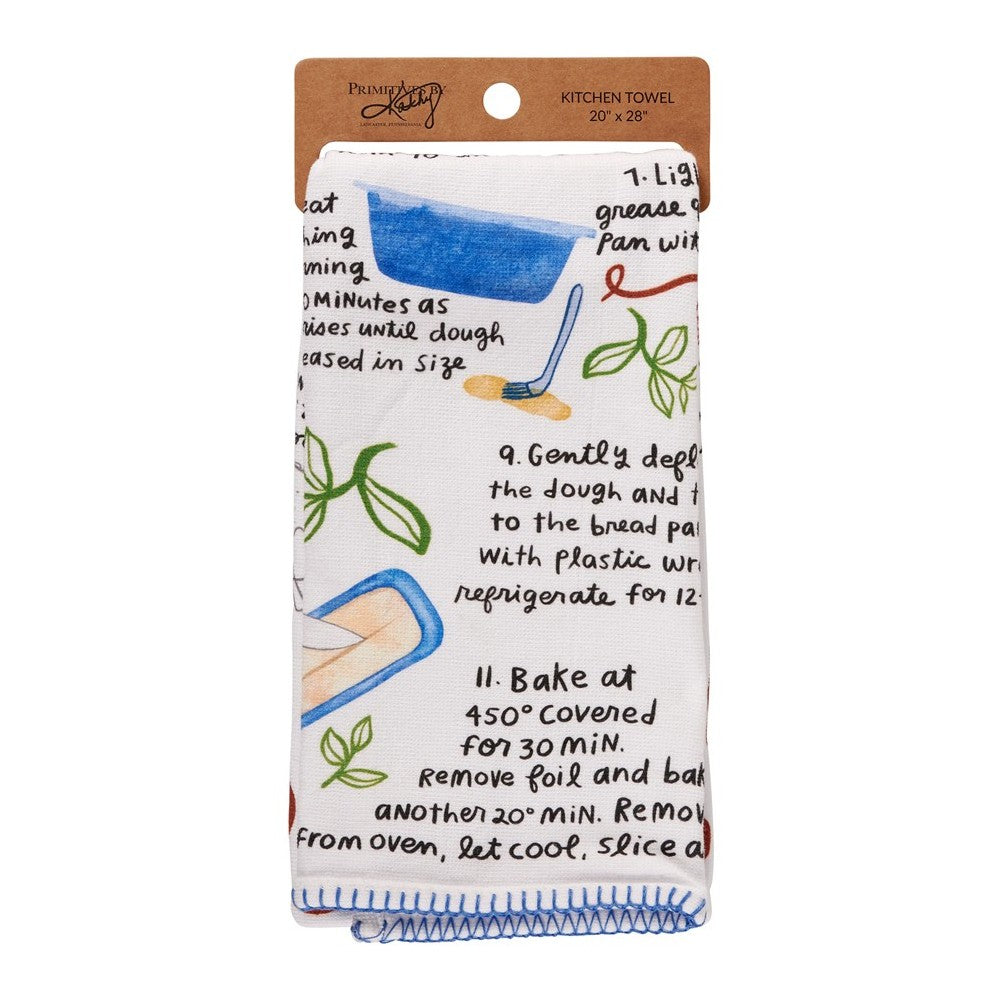 Illustrated kitchen towel with baking instructions and colorful utensil drawings.