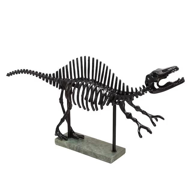 Black dinosaur skeleton model on a stand.