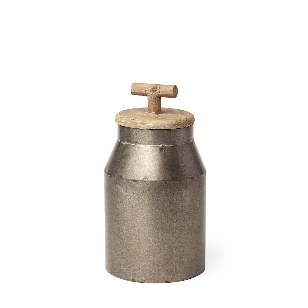 Metal canister with wooden lid and handle.