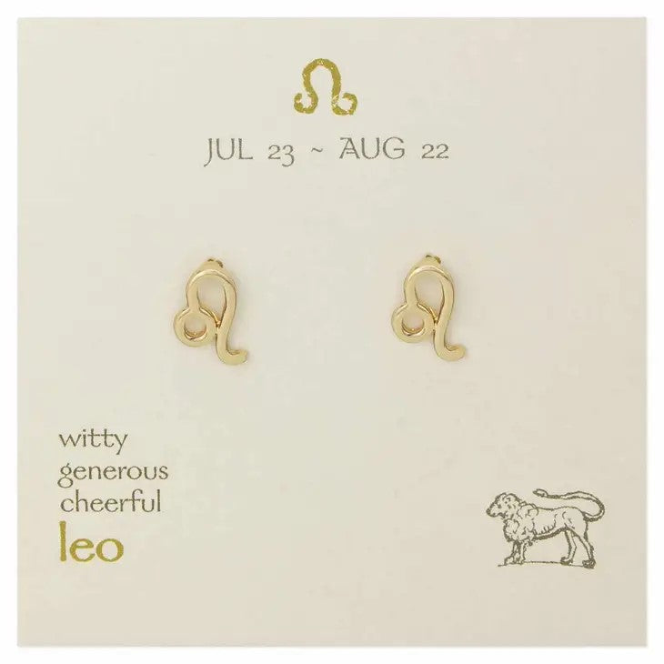 Leo symbol earrings with zodiac dates and traits: witty, generous, cheerful.