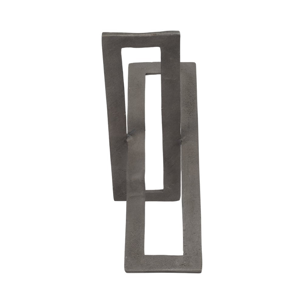 Iron geometric sculpture with three interlocking rectangles.