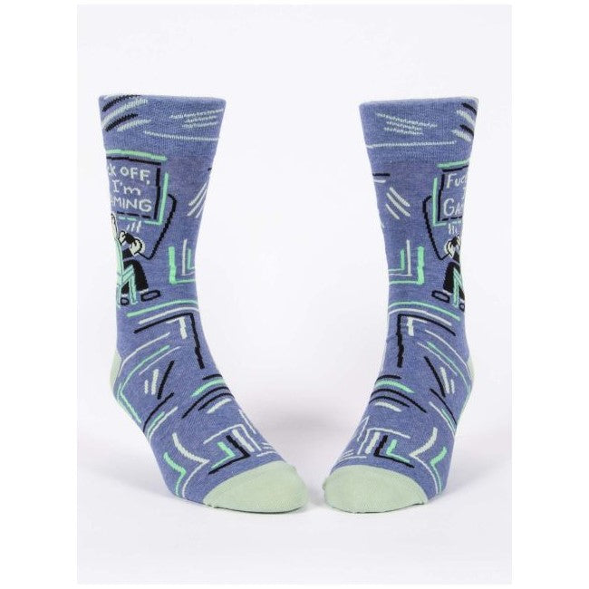 Blue socks with a gamer design and playful text.