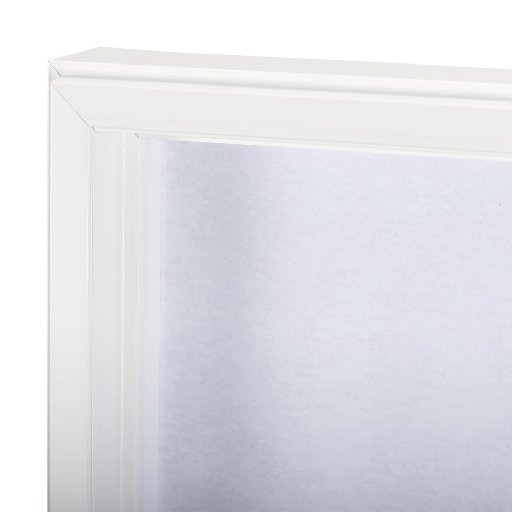 White frame with glass corner viewed close-up.