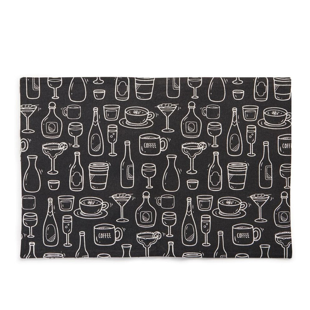 Black mat with white drinkware illustrations.