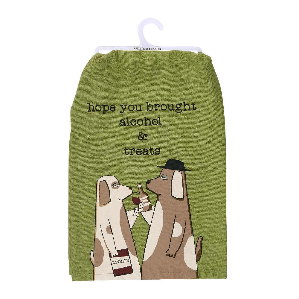 Two dogs on a towel with "hope you brought alcohol & treats" text.