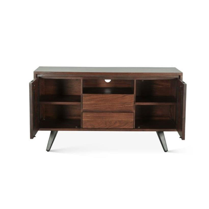 Wooden cabinet with open shelves and drawers, mid-century modern style.