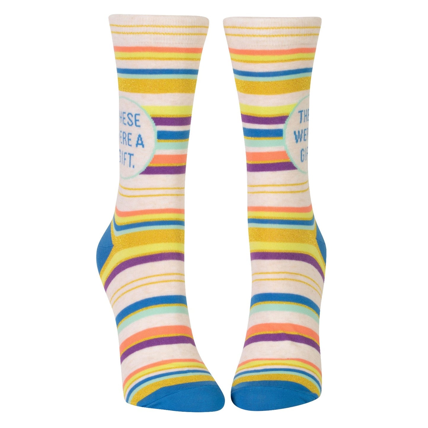 Striped socks with text "THESE WERE A GIFT" on them.