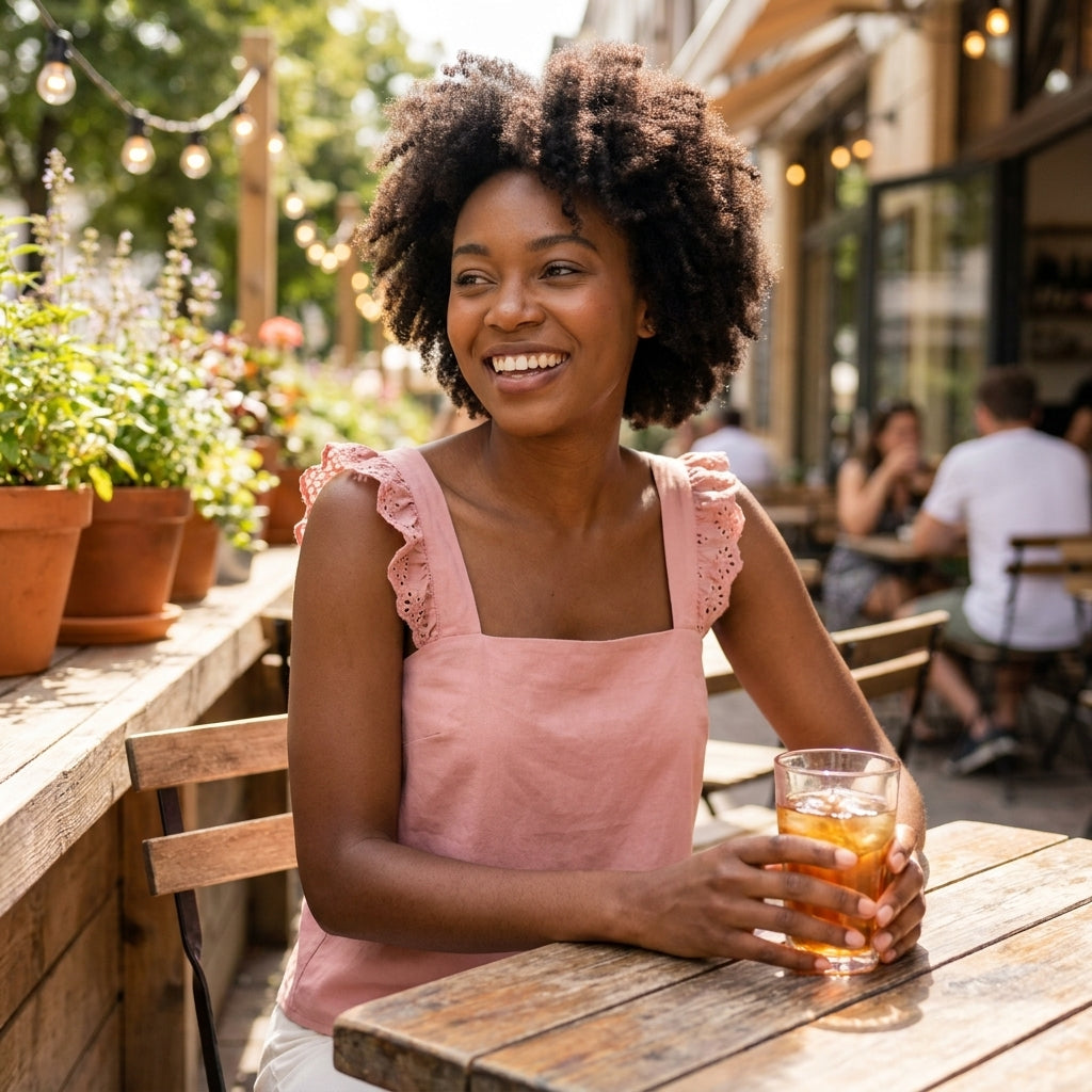 Woman in pink, smiling with iced drink at outdoor cafe.