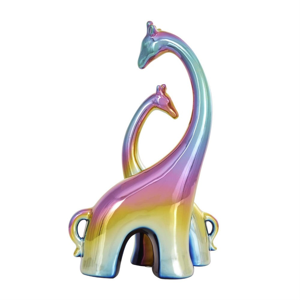 Rainbow-colored ceramic giraffe sculptures entwining.