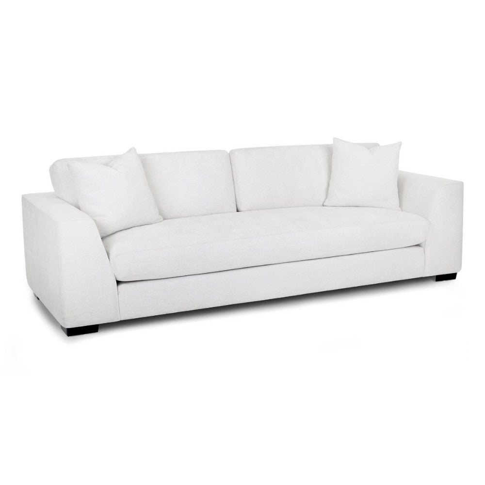 Modern white sofa with two cushions, featuring a clean design.