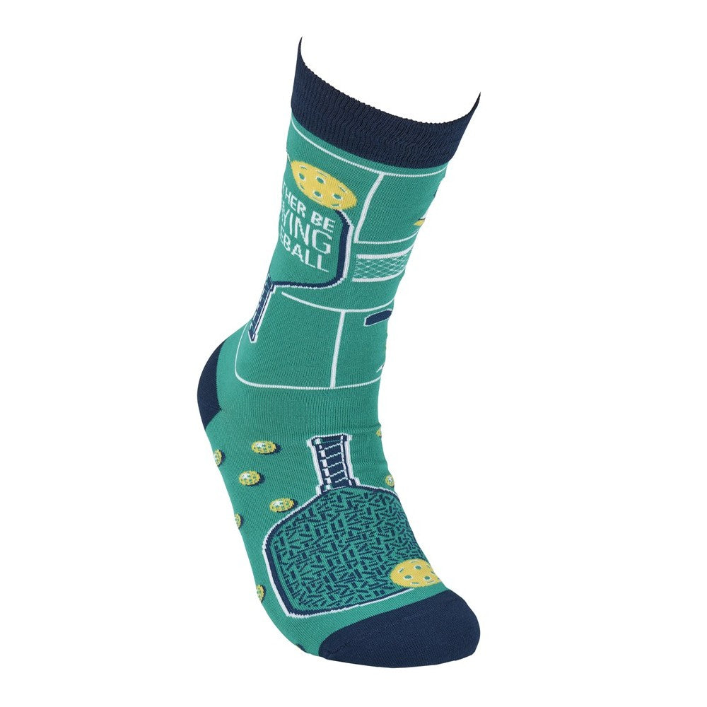 Teal sock with pickleball design and text; features paddles and balls.