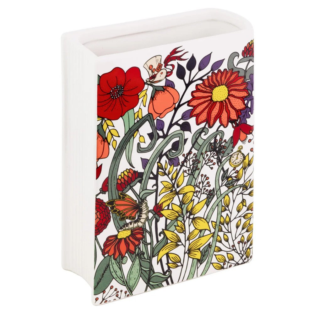 Colorful floral and butterfly illustration on a book-shaped container.